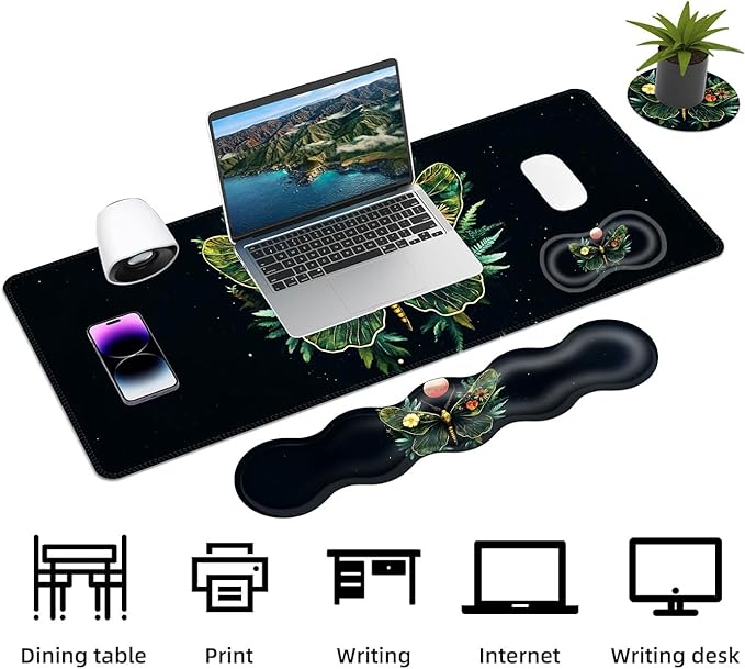 Keyboard Mouse Pad Set Extended Gaming Mouse Pad+Ergonomics Keyboard Wrist Rest Support Memory Foam Easy Typing Pain Relief 4Pcs XL Ultra Thick Desk MatFloral Moth Red Moon