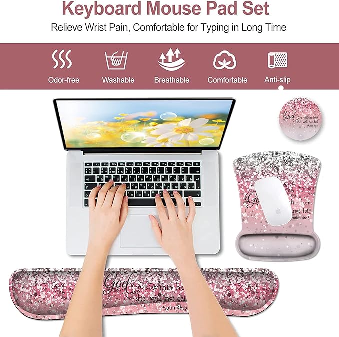 Mouse Pad with Wrist Support Ergonomic Gel Mouse Pad Memory Foam Keyboard Wrist Rest Suitable for Office Typing Games Psalm 46:5 Bible Verse and Pink Glitter Desk Pad
