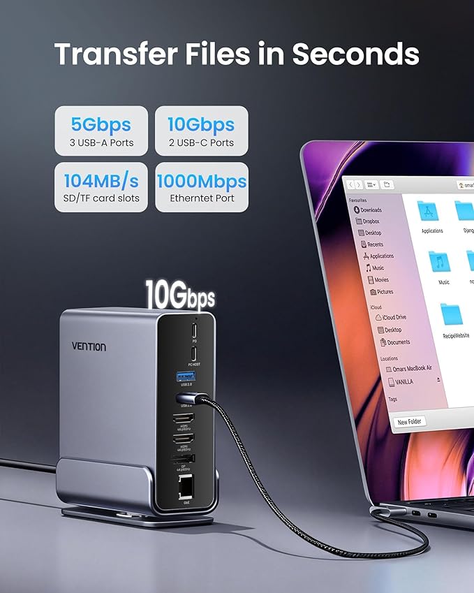 VENTION 15-in-1 Laptop Docking Station Dual Monitor 360° Roatable Triple Monitor Docking Station with 2 * 4K HDMI and 1*DP PD 100W Charging for Laptop 10Gbps USB Port Transfer RJ45 Audio SD/TF