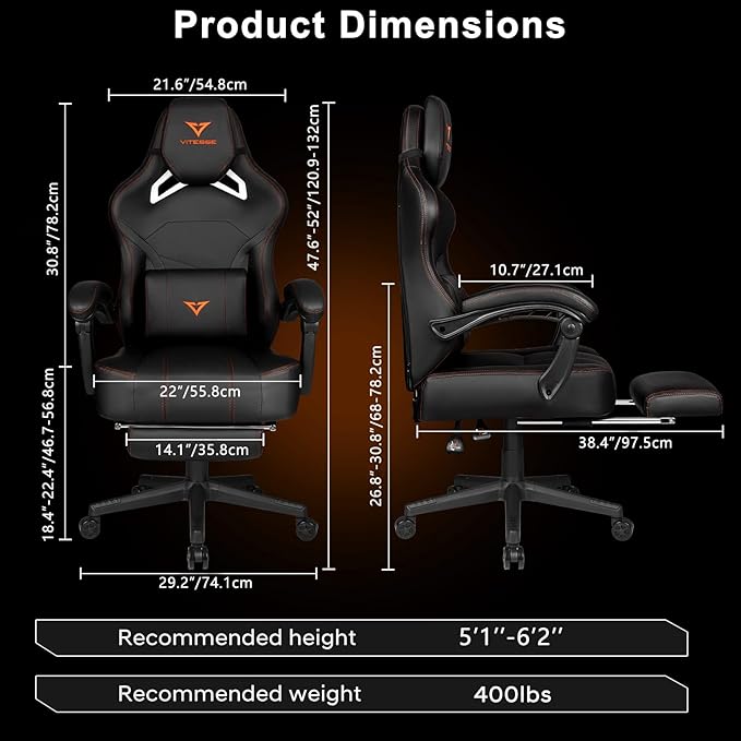 VITESSE Big and Tall Gaming Chair with FootrestErgonomic Video Gaming Chair with Oversized Headrest and Lumbar Support for Adults 400lb Weight CapacityComputer Chair for Office or Gaming (Orange)