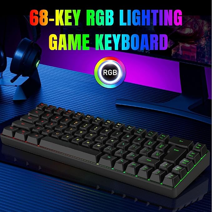 Wired Gaming Keyboard RGB Mechanical Gaming Keyboard with 68 Keys Ergonomic Design USB Wired Keyboard for Desktop Computer IBM PC Win98SE (Black)