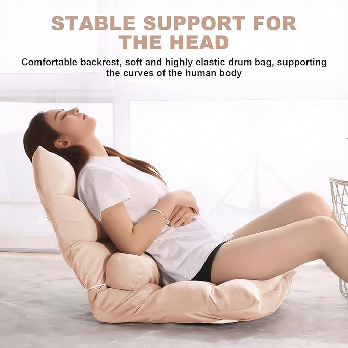 Folding Floor Chair 5-Position Cushioned Adjustable Lazy Sofa Foldable Floor Lounger for Adults Kids Gaming Reading Meditating (Beige)