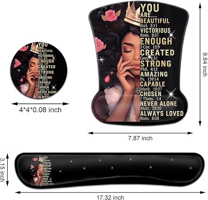 Keyboard Wrist Rest and Mouse Pad Wrist Support Set Ergonomic Gel Mouse Pad Wrist Rest with Non-Slip Base for Home Office Desk Pad African American Women Black Girl Black Gaming Mouse Mat