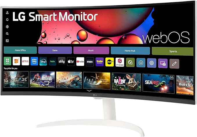 LG 34SR60QC-W 34-inch QHD (3440x1440) Curved Smart Monitor with Streaming UltraWide Screen webOS HDR10 100Hz Built-in Speaker AirPlay2 Screen Share Bluetooth ThinQ App White