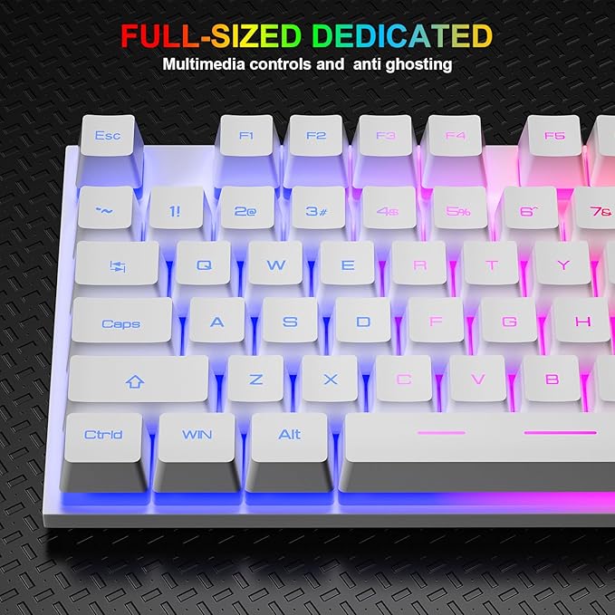 BlueFinger RGB Gaming Keyboard and Backlit Mouse Combo USB Wired LED Gaming Set for Laptop PC Computer Game and Work(White)