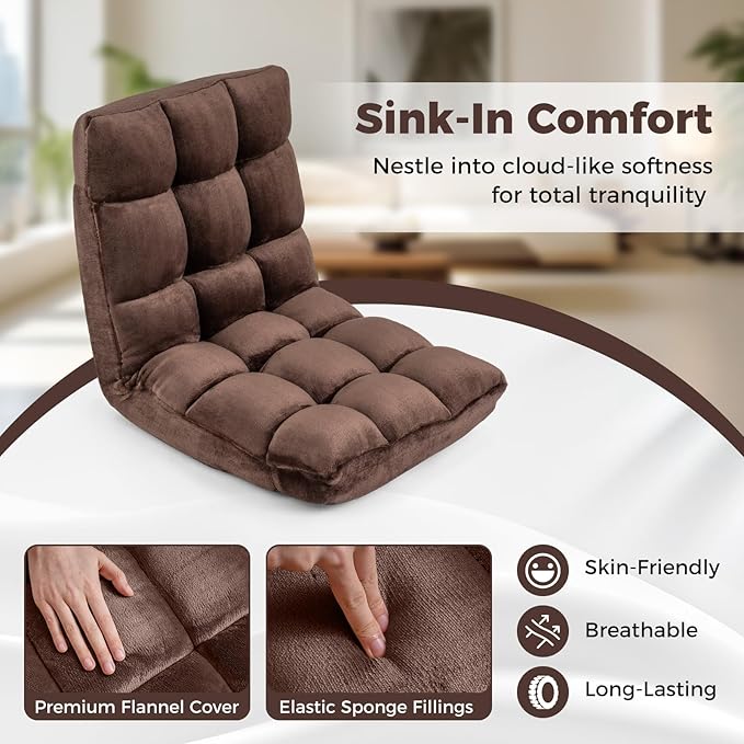 COSTWAY Floor Chair Video Gaming Chairs with Back Support Adjustable 14-Position Alloy Steel Frame Lazy Sofa Lounge Recliner for Adults Kids (Chocolate)