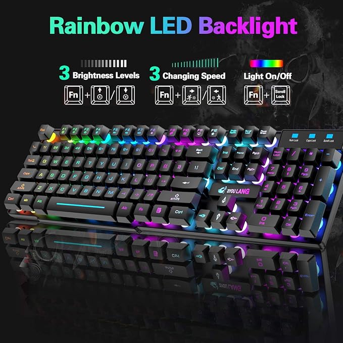 Wireless Gaming Keyboard and Mouse Combo Rechargeable 2.4G Keyboard Mouse with Rainbow Backlit Quiet Mechanical Feel 29-Key Anti-Ghosting 2400 DPI Mouse and Mouse Pad for PC Mac