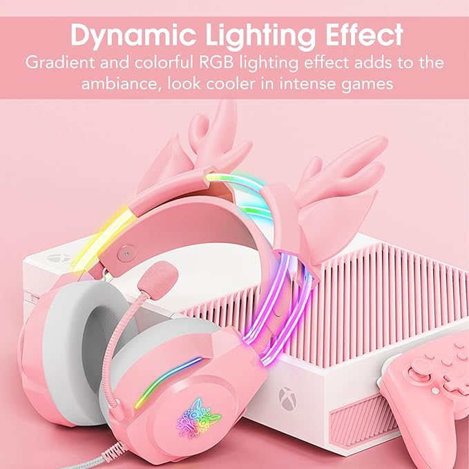 Gaming Headset with Microphone Deer Ears Headphones for PC Laptop PS4 PS5 Xbox Switch Rainbow RGB Lighting &amp Virtual Surround Sound 3.5mm Over Ear Headphones Ergonomic