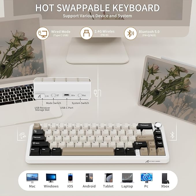 ATTACK SHARK X66 Wireless Mechanical Gaming Keyboard with KnobTri Mode USB-C/BT5.0/2.4G Gasket Mounted 60% RGB Gaming Keyboard 66KeysPBT Keycap Hot Swappable Custom Strawberry Switch(Cheese White)