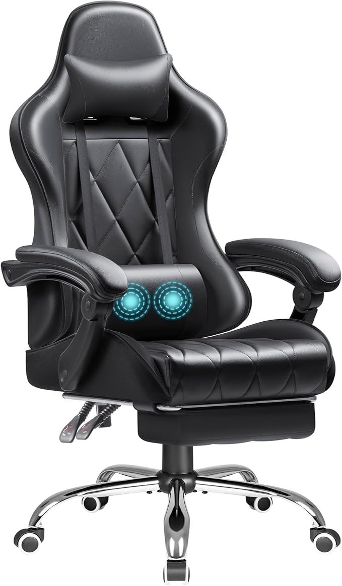 Shahoo Gaming Chair with Footrest and Massage Lumbar Support Computer Game Chairs Ergonomic Office Seat Height Adjustable with Headrest Black