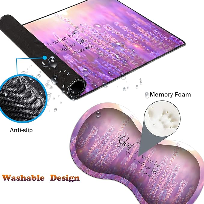 Desk Pad Gaming Mouse Pad + Wrist Rest Support Pad + Coaster 31.5'' × 11.8'' Durable Non-Slip Extended Computer Mouse Pad Suitable for Office and Home Quote Bible Verse Psalm 46:5
