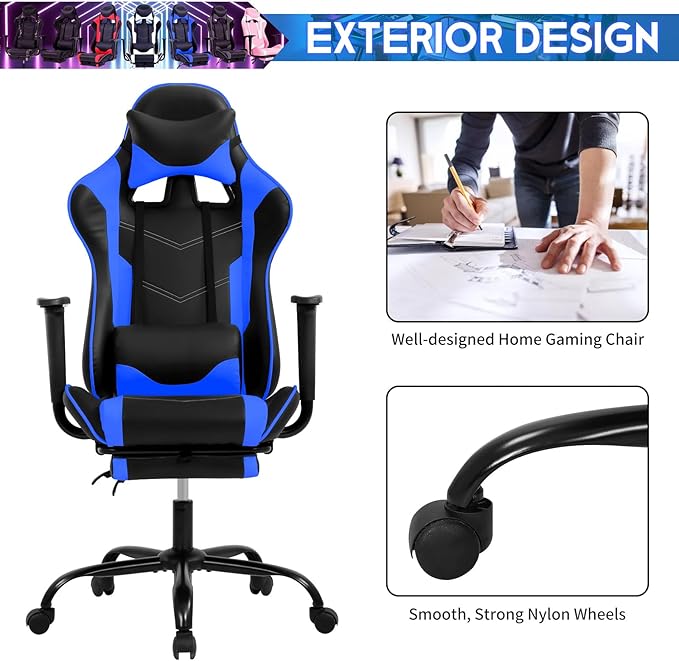 BLKMTY Gaming Chair with Footrest Ergonomic Office Racing Computer Chair with PU Leather High Back Lumbar Support Headrest Adjustable Height Reclining Chairs Blue