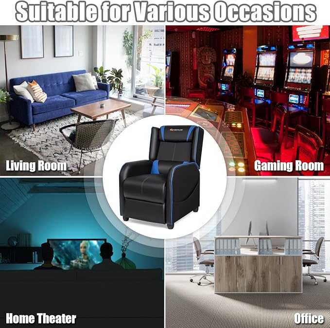 Goplus Massage Gaming Recliner Chair Racing Style PU Leather Single Recliner Sofa with Footrest Adjustable Modern Living Room Recliners Ergonomic Home Theater Recliner Seat (Blue)
