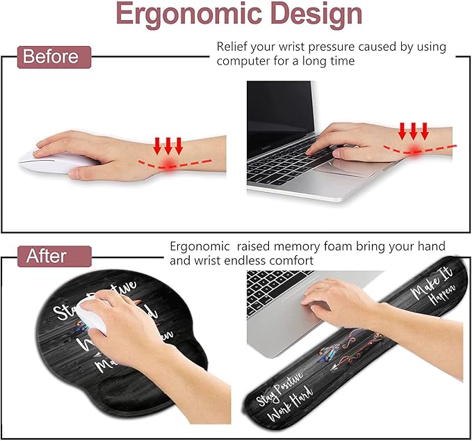 Ergonomic Mouse Pad with Gel Wrist Rest SupportNon-Slip PU Base for Computer Laptop Home Office Stay Positive Work Hard and Make It HappenSilver Glitter Black pad Memory Foam Keyboard Wrist Rest