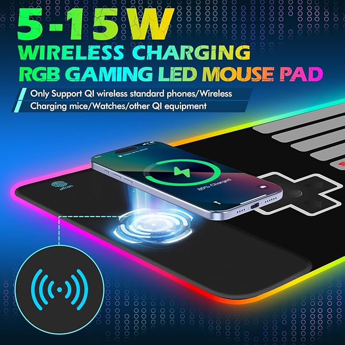 ToLuLu RGB Wireless Charging Gaming Mouse Pad 7.5/10/15W 10 Light Modes LED Mouse Pad Computer Keyboard Mat Mousepad 800x300x4MM Extended Large Big Desk Pad Desk Mat Game Console Buttons Black