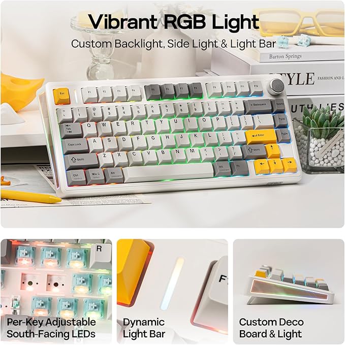 EPOMAKER TH80 V2 75% Wireless Mechanical Keyboard with Metal Knob 8000mAh 2.4Ghz/BT/USB-C RGB Hot Swap Custom Driver PBT Keycap Wireless Gaming Keyboard for PC/Mac (White Sea Salt Silent)