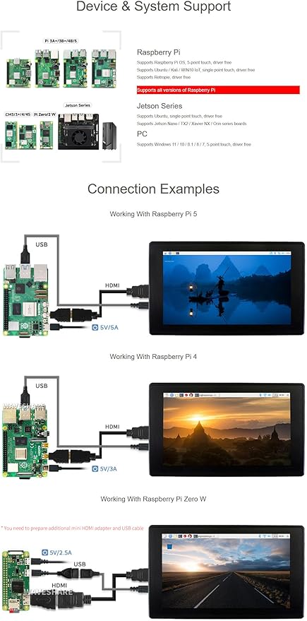 7inch Capacitive Touch Screen LCD for Raspberry Pi 5 4 3/Jetson Nano/PC Windows/Game Console 1024×600 Resolution HDMI IPS with Black Cover Case (7inch HDMI LCD (H) with case)