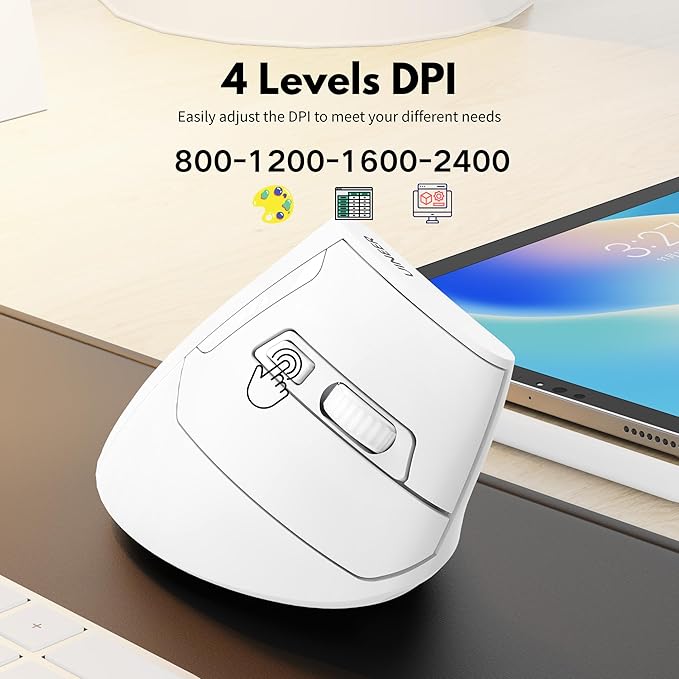 Uineer Vertical Mouse Wireless 2.4G Rechargeable Mouse with Battery Indicator4 Level DPIErgonomic Design for Comfort and Reduced Wrist Strain Ideal for HomeOffice Use (White)