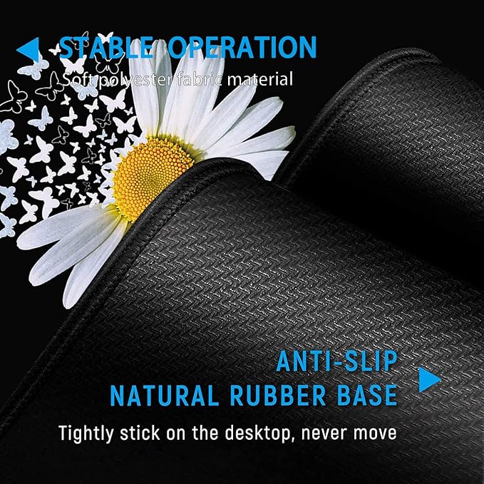 Ergonomic Keyboard Mouse Pad Wrist Rest Support Set Extended Gaming Mouse Pad Large XXL Mousepad + Memory Foam Wrist Rest Waterproof Office Desk Mat Writing Pad White Daisy Flowers Black Mousepad