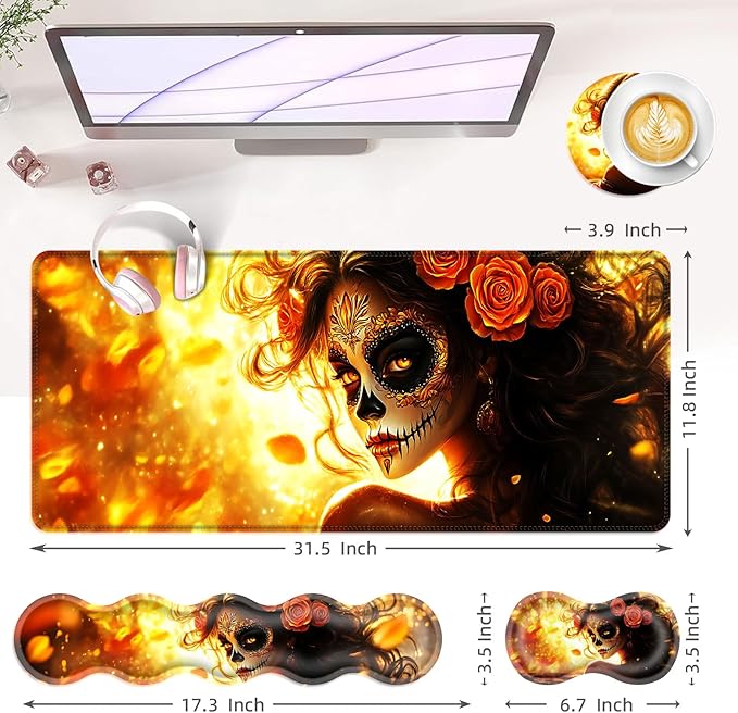 Large Keyboard Mouse Pad Set Extended Mouse Pad+Keyboard Wrist Rest Support Memory Foam Ergonomic Easy Typing 4Pcs (31.5×11.8 in) Desk Pad Set for Office HomeSkull Woman with Rose