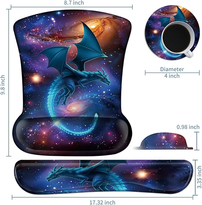 Keyboard Wrist Rest and Mouse Wrist Rest Pad Set Made of Memory Foam with Non Slip Rubber Base Ergonomic Gel Wrist Rest for Computer Keyboard Gaming Office Working with Galaxy Blue Dragon Coaster