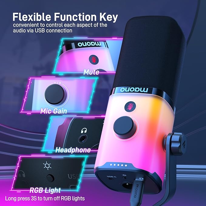 MAONO USB/XLR Dynamic Microphone for Gaming PodcastComputer PC Microphone RGB Mute Button 48kHz/24bit Podcasting Desktop Mic Kit