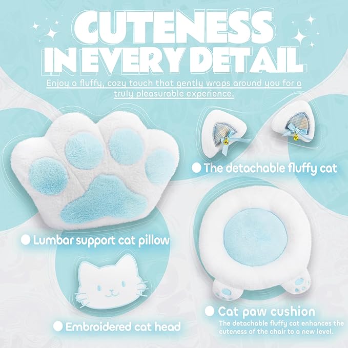 Gaming Chair Cute with Cat Ears Paw Lumbar and CushionErgonomic Computer Chair with FootrestReclining PC Game Chair for Girl Computer Chair 300lbs for Adult Aqua Blue