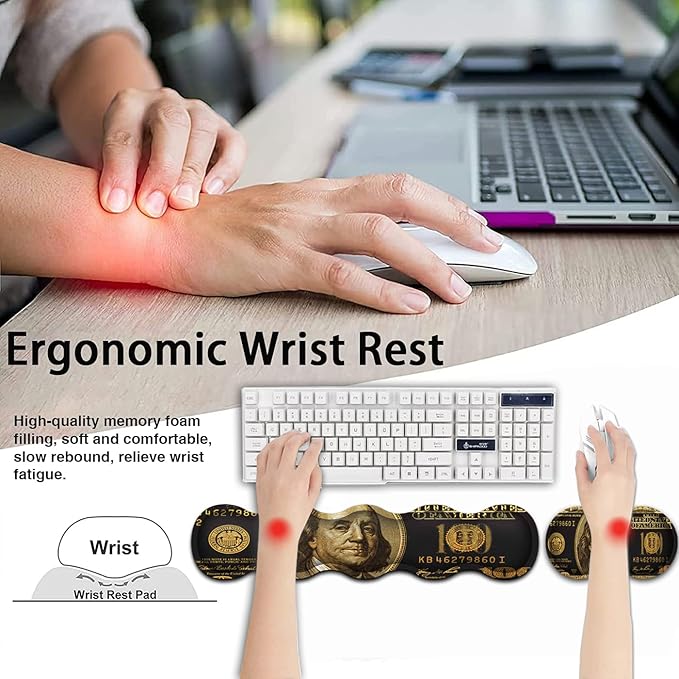 Gaming Mouse Pad and Keyboard Wrist Rest Large Extended Mouse Pad 31.5X 11.8Ergonomic Memory Foam Wrist Rest + Desk Mat Protectorfor Office/Home Writing Pad Black Gold Dollars/Bills Mousepad