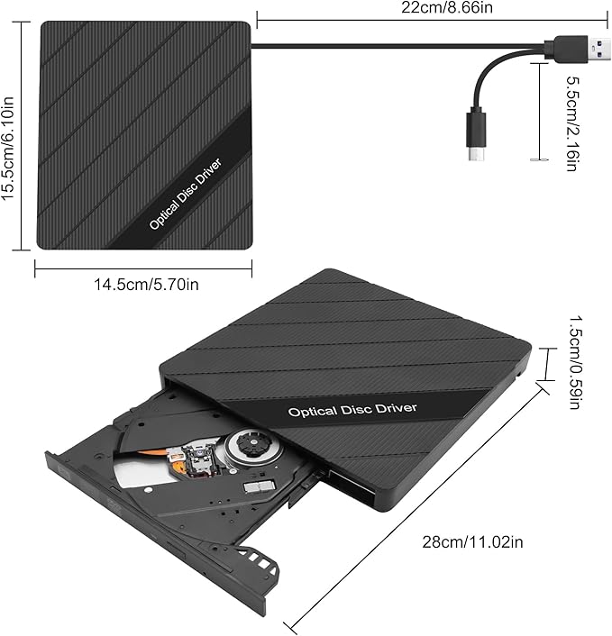 XMSJSIY External CD/DVD Drive for Laptop USB 3.0 Type-C Portable CD/DVD ROM +/-RW Drive Burner Writer Player Reader Disk Duplicator with USB 3.0/Type-C/SD/TF Card Ports 8 in 1 for Desktop PC Mac