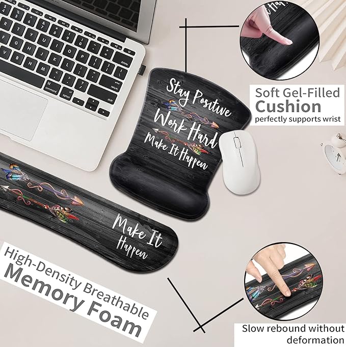 Ergonomic Mouse Pad with Gel Wrist Rest SupportNon-Slip PU Base for Computer Laptop Home Office Stay Positive Work Hard and Make It Happen Memory Foam Keyboard Wrist RestSilver Glitter Black Quote