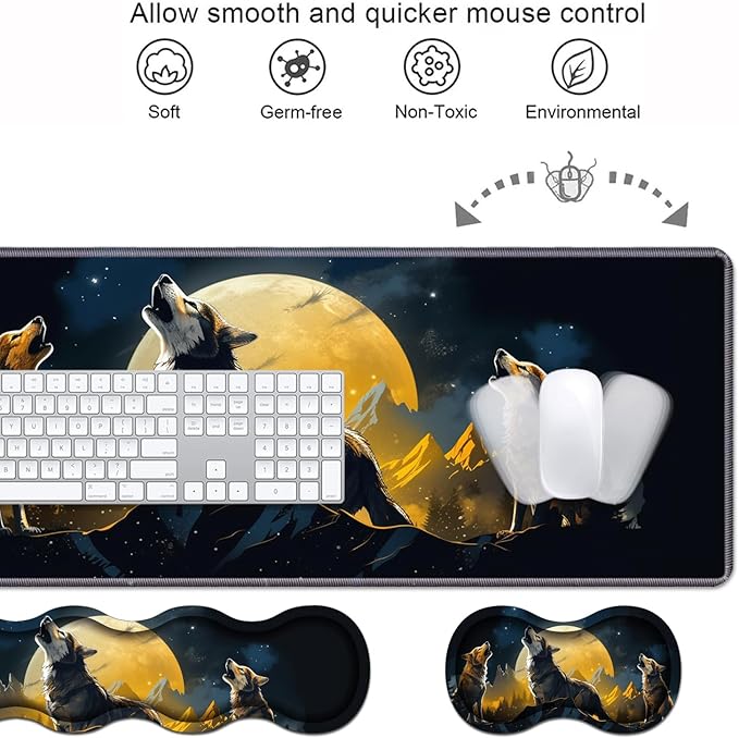 Ergonomic Keyboard Wrist Rest &amp Mouse Pad Wrist Rest Set Large XXL Gaming Desk Mat 31.5x 11.8 with Memory Foam Easy Typing Pain Relief for Office &amp Home Wolf Howling Under The Moon