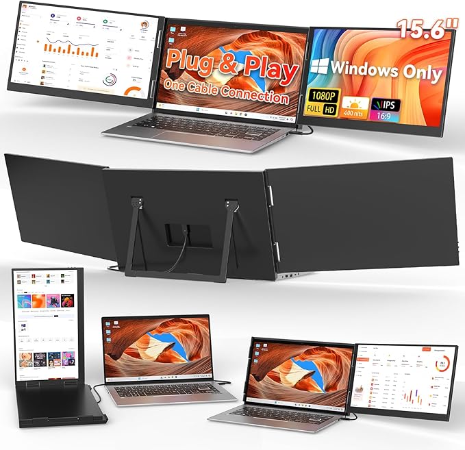 HotYeah Laptop Screen Extender (Windows Only) 15.6 1080P Dual Extended Monitor USB-C Travel Screen for 12-17 Laptop Triple Portable Monitor w/Kickstand &amp 240° Rotation One Cable Connection