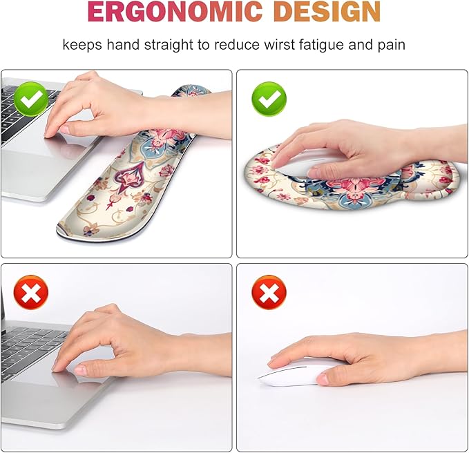 Gaming Mouse Pad Large Desk Mat Cute Desk Pad Protector 4in1 XXL Mousepad + Keyboard Wrist Rest+Mouse Wrist Rest+Coaster Set with Ergonomic Desk Pad for Home Office Computer Retro Style Pattern