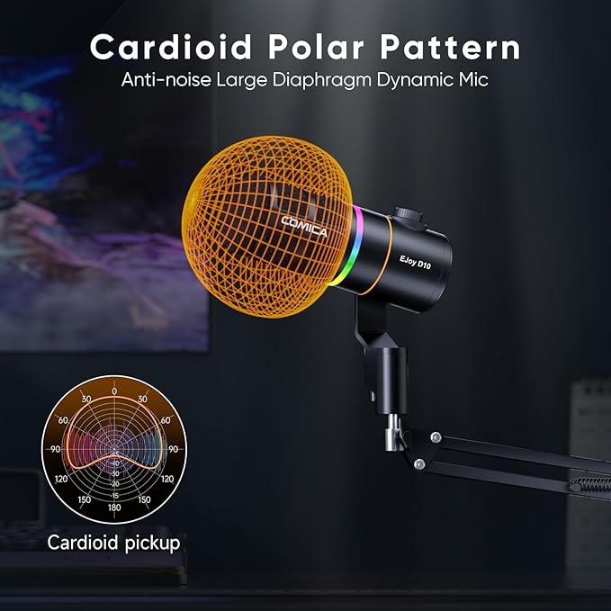 COMICA EJoy D10(A) USB/XLR Dynamic Gaming Microphone – Boom Arm Mic with Noise Cancellation Real-Time Monitoring Muting RGB Professional Studio Mic for Gaming Streaming Podcast Recording (Black)