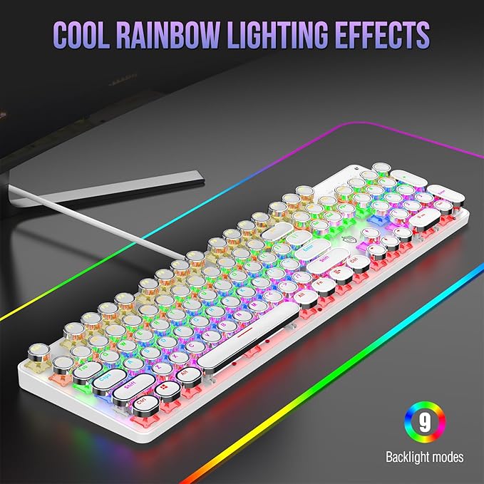 Typewriter Mechanical Gaming Keyboard with Rainbow Light Backlit Red Switches 104 Keys Retro Round Keycap Wired Typewriter Style Comfortable Typing Soud (White LED)