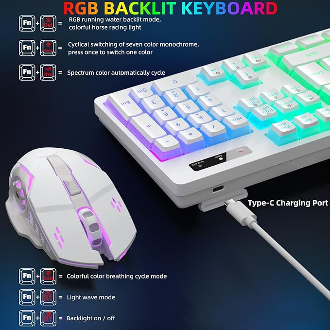 Wireless Gaming Keyboard and Mouse Combo - RGB Backlit Rechargeable Ergonomic for Gaming Work Long-Lasting Built-in Battery (White)