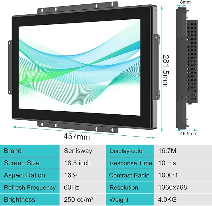 18.5 Inch Open Frame Capacitive Touch LCD Monitor Surface is IP65 Waterproof 1366x768 @ 60Hz TFT LCD IK08 Input Industrial Touch Monitor 10 Finger Capacitive Touch