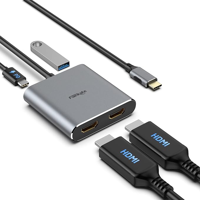 USB C to HDMI Adapter Dual 4K@60Hz 4 in 1 USB C to HDMI Converter with 100W PD Charging USB 3.0 USB C to HDMI Splitter Extended Display Compatible Thunderbolt 3/4