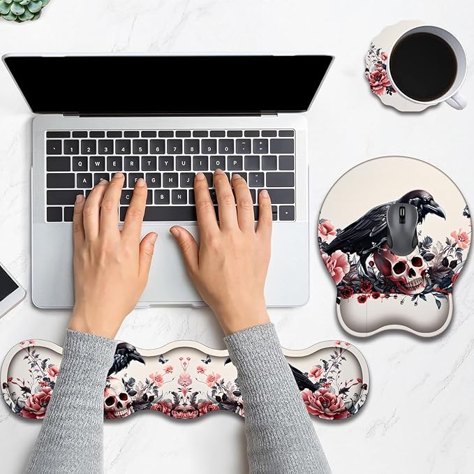 Keyboard Wrist Rest and Mouse Pad Wrist Support with Lace-Shaped Coaster Set Ergonomic Gel Memory Foam and Anti-Slip Base Easy Typing and Pain Relief - Rose Skeleton