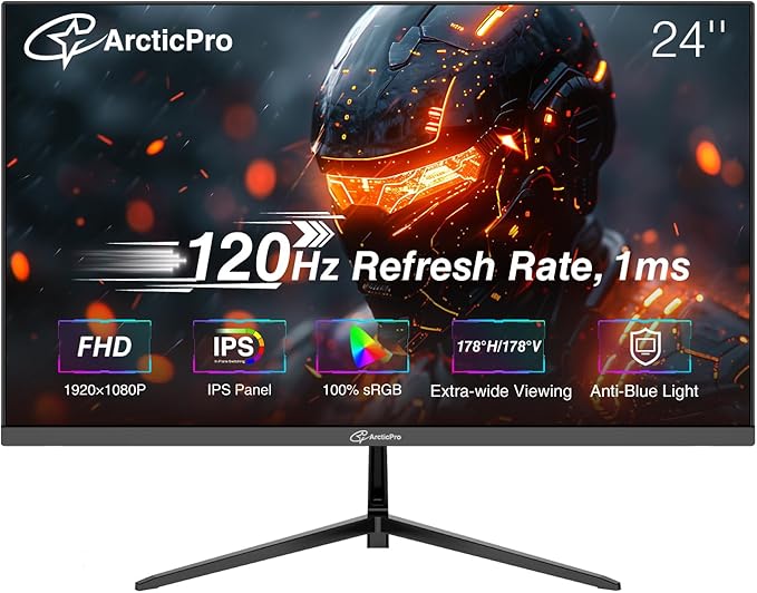 ArcticPro 24 inch Monitor 120Hz FHD 1080p Computer Monitor IPS 99% sRGB Adaptive Sync 1ms Response Time 3-Sided Frameless Ultra Slim VESA Mountable Anti-Blue Light Design HDMI &amp VGA Por