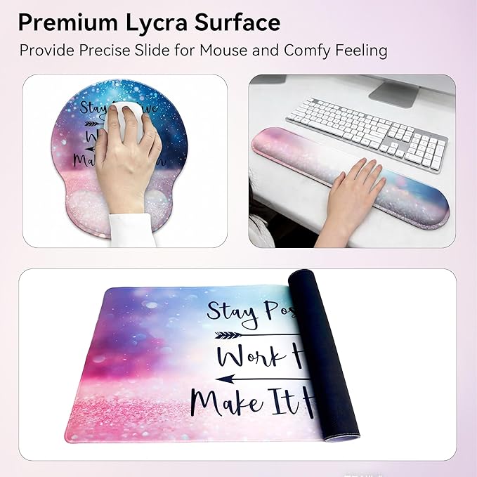 Desk Mat Set + Keyboard and Mouse Pad with Wrist Rest Support4-in-1 Large Mousepad Computer Mats for Desktop Home &amp Office-Glitter Pink Blue