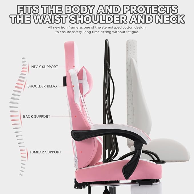 Gaming Chair with Massage and Footrest Ergonomic High Back PC Racing Chair 300LBS Capacity with Adjustable Lumbar Support &amp Headrest for Office and Desk (Model B Pink)