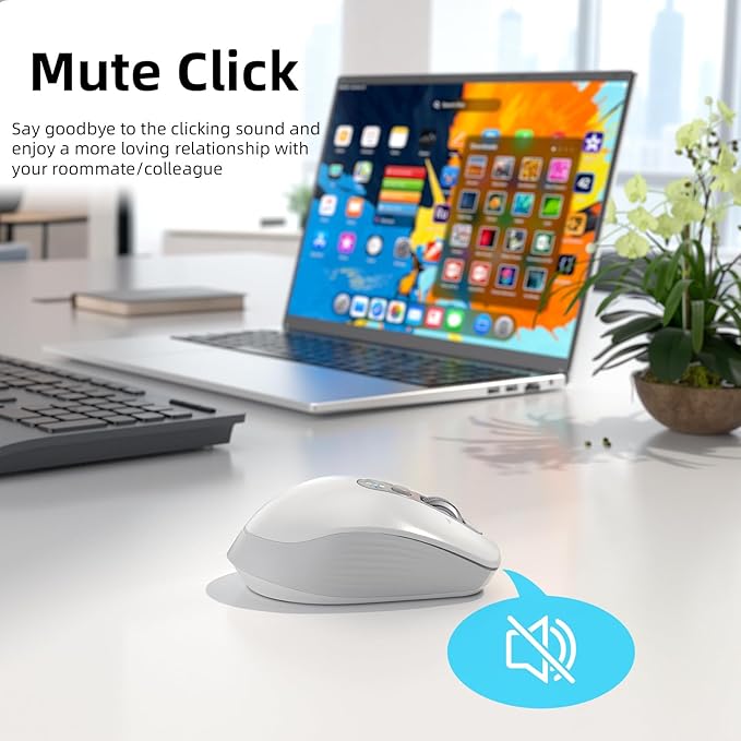 Wireless Bluetooth Mouse Multi Device (BT1/BT2 + 2.4G USB) Mouse for Laptop iPad &amp Mac 4-Way Scroll with Side Buttons Silent Click Ergonomic Offce Mouse Adjustable DPI (White