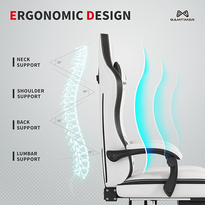 Gaming Chair with Footrest Ergonomic Computer Chair PU Breathable Material with Headrest and Lumbar Support Suitable for Silla Gamer and Adults (White)