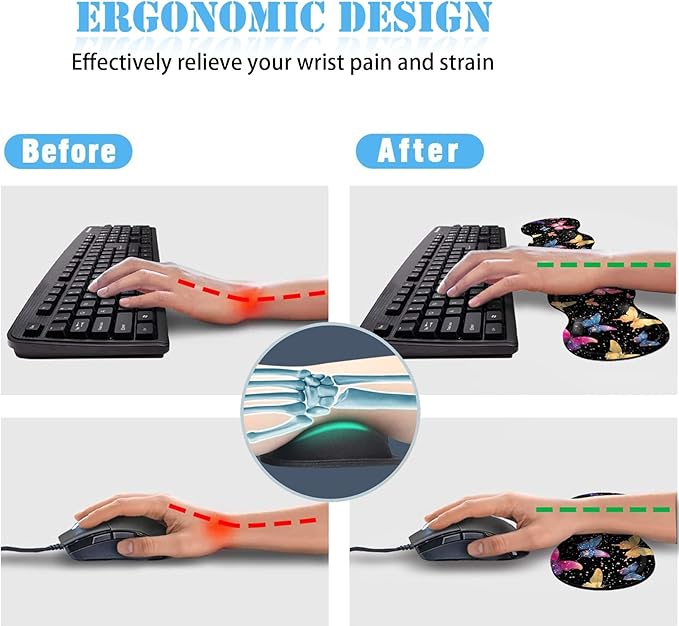 Keyboard Wrist Rest+Mouse Wrist Pad+Desk Pad SetMemory Foam Ergonomic Easy Typing Pain Relief for Computer Laptop Office Home - Butterfly
