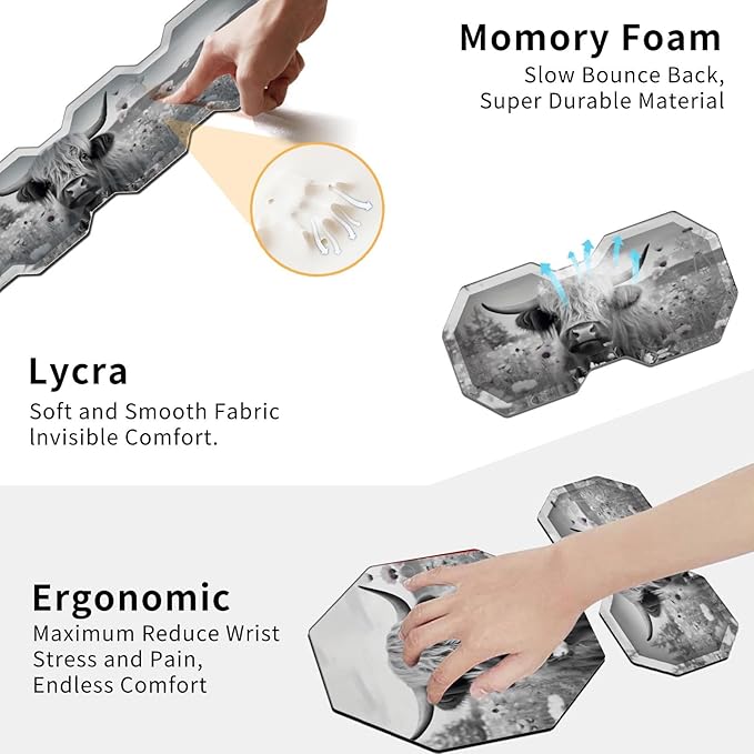 Ergonomic Mouse Pad with Wrist Support Gel and Keyboard Wrist Rest Set + Coaster Cute Mouse Pads Non Slip Rubber Base Mousepad for Computer Laptop Home Office Working GamingHighland Cow Ox Cattle