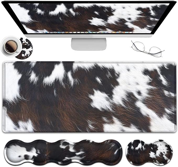 JVGFYNKL Gaming Mouse Pad XXL Large Desk Cute Black Cowhide Extended Mousepad Ergonomic Memory Foam Keyboard Wrist Rest Stitched Edges Desk Pad(31.5x11.8 in) Extended Large Mousepads Wrist Rest Set