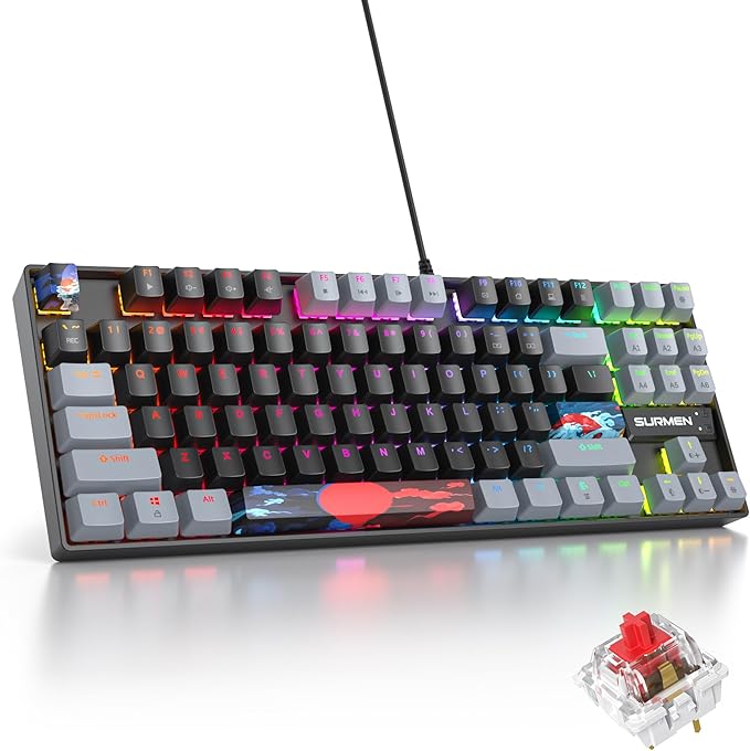 75% Mechanical Gaming Keyboard with Red Switch RGB LED Backlit Keyboard Black 87 Keys Compact TKL Wired Computer Keyboard for Windows Laptop PC Gamer (87 Dark)