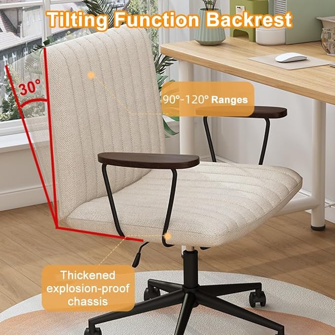 YCKEGEW Faux Leather Computer Chair Lift Swivel Chair Desk Study Chair Girls Comfortable Bedroom Chairs for Student ReadRolling Task Chair Easy Assemble(Milk Whitewith Armrest)