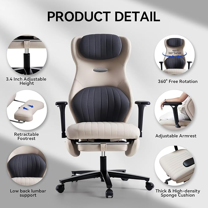 EMIAH Ergonomic Office Chair with Foot Rest Reclining Office Chair with Adjustable Arms and Headrest High Back Gaming Chair with Lumbar Support PU Leather(Beige)